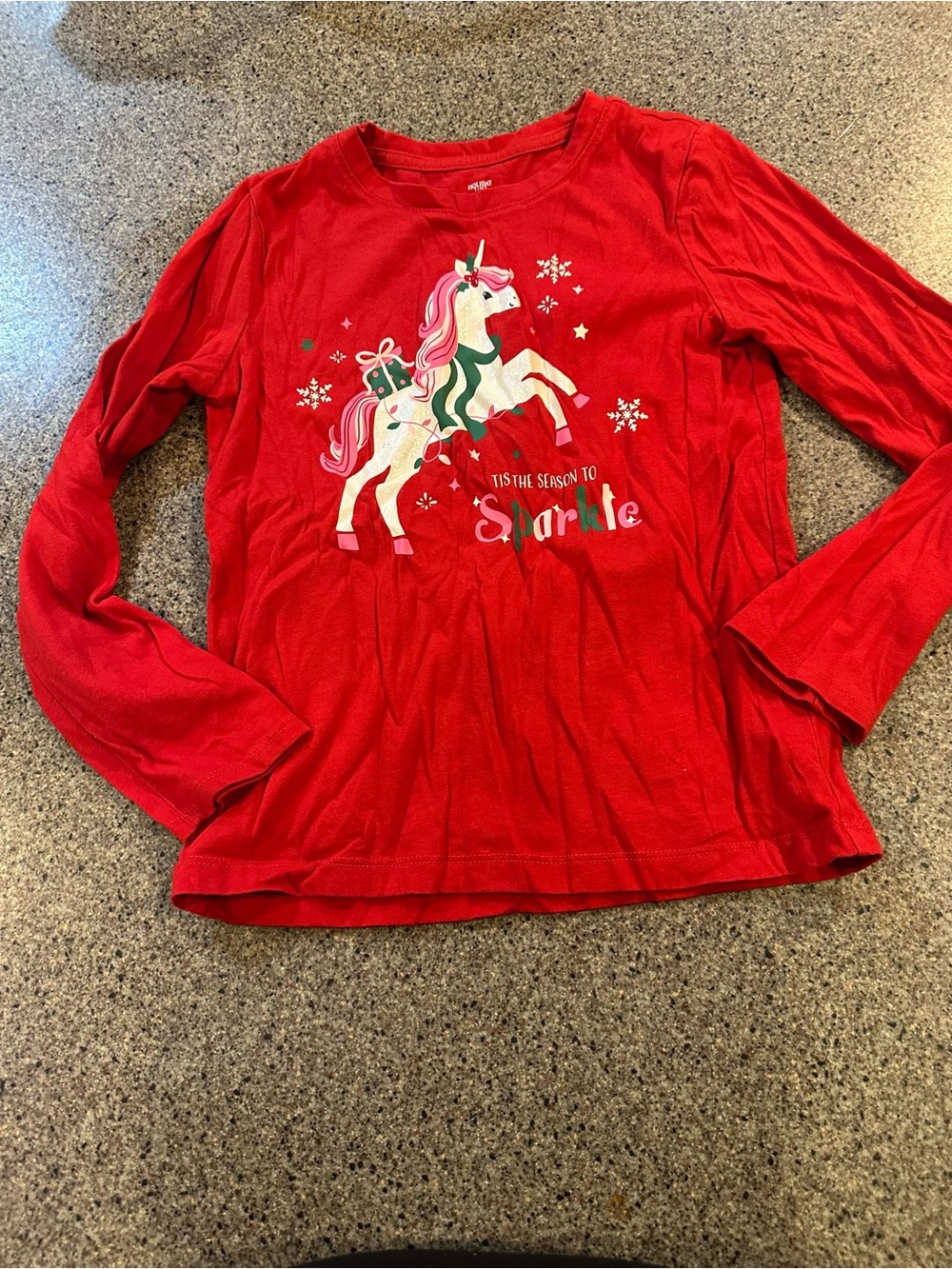 Girls' Red Unicorn Long-Sleeve Top - Sparkle Holiday Tee